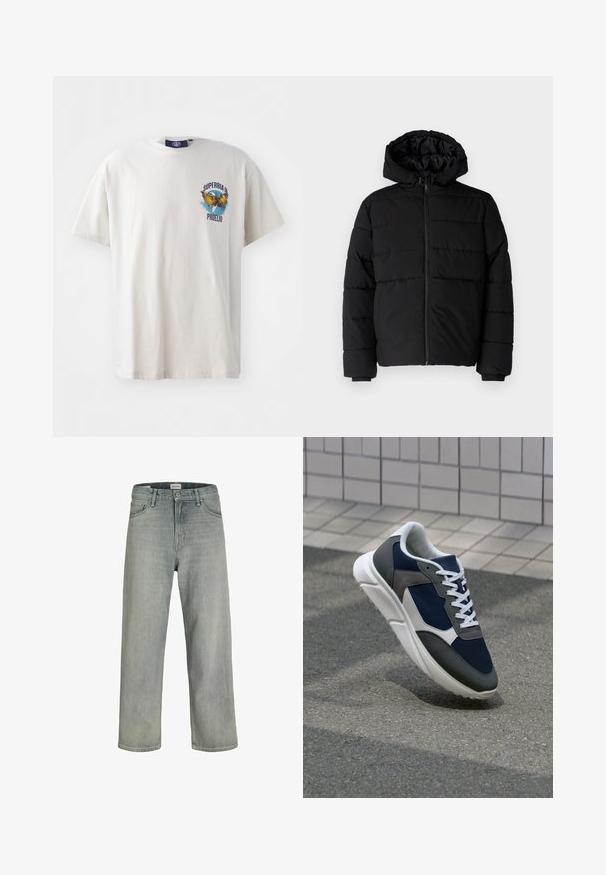 Casaco puffer preto com fecho de correr, capuz e design acolchoado horizontal. Feito de um tecido liso e durável com punhos canelados.; T-shirt creme em algodão com mangas curtas, apresentando um gráfico colorido de uma águia e o texto "SUPERBIA IN PROELIO" no lado esquerdo do peito.; Jeans soltos de cor cinza claro feitos de denim. Apresentam um design clássico de cinco bolsos, passadores para cinto e uma silhueta de perna reta.; Sapatilha com parte superior em malha azul-marinho, detalhes em camurça cinza, sola de borracha branca e atacadores brancos planos, projetada para conforto e respirabilidade.