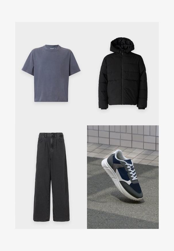 Must värvi puffernahk, millel on seljaed, kapuuts ja horisontaalne õmblusdisain. Valmistatud sujuvast, vastupidavast kangast ja ribakujuliste varrukaotste jaok.; Tumehall, lühikeste varrukatega T-särk, mis on valmistatud pehmest puuvillast, klassikalise ümmarguse kaelusega disainiga ja mugava lõikega. Sile tekstuur ilma mustriteta.; Laiad, kõrgema vöökohaga mustad denimipüksid, millel on ees nupuga ja tõmblukuga sulgemine, külgpocketid ja sile tekstuur.; Sneaker, mille sinine võrkkangas, hallid nubukdetailid, valge kummitald ja lamedad valged paelad, disainitud mugavuseks ja hingavuseks.
