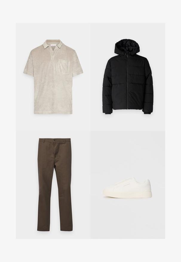 Μαύρο μπουφάν με φερμουάρ μπροστά, κουκούλα και οριζόντιο ραμμένο σχέδιο. Κατασκευασμένο από ομαλό, ανθεκτικό ύφασμα με ριγέ μανσέτες.; Μπεζ κοντομάνικη πόλο μπλούζα από μαλακό, υφασμάτινο υλικό, με γιακά και μία τσέπη στο στήθος.; Καφέ βαμβακερό παντελόνι με ίσια γραμμή, διαθέτει κλείσιμο με κουμπί και θηλάκια ζώνης, λεία υφή χωρίς σχέδια ή διακοσμητικά στοιχεία.; Λευκά slip-on παπούτσια με υφή, παχύ πάτο και μινιμαλιστικό σχέδιο. Φέρει το λογότυπο της μάρκας στο πλάι.