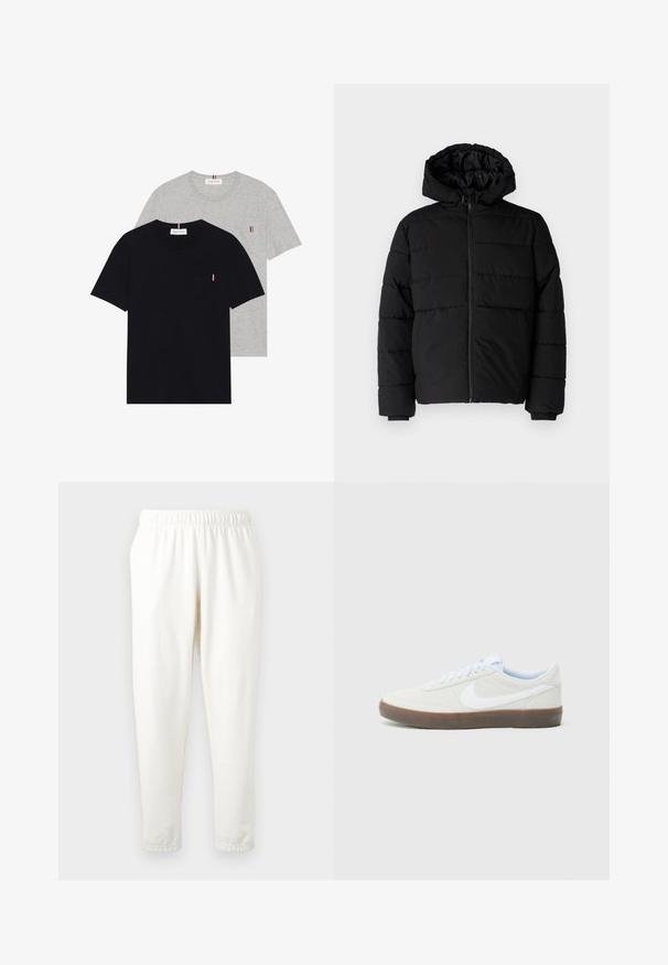 Čierna puff jacket s predným zipsom, kapucňou a horizontálnym prešívaním. Vyrobená z hladkej, odolnej tkaniny s rebrovanými manžetami.; Pier One 2 PACK - Základné tričko - black/mottled grey; Krémové tepláky s elastickým pásom a zúženými nohavicami, vyrobené z mäkkého materiálu. Majú hladkú textúru a žiadne viditeľné vzory alebo akcenty.; Svetlošedé tenisky s bielym Nike značkovým znakom, textúrovaným zvrškom a hnedou gumovou podrážkou. Majú okrúhle šnúrky a polstrovaný golier.