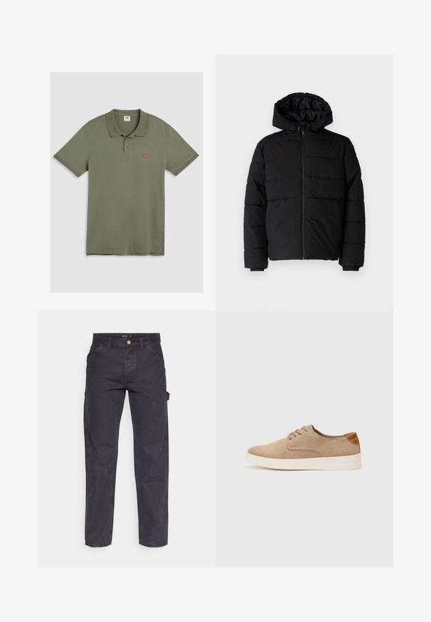 Svart boblejakke med glidelås foran, hette og horisontalt quiltet design. Laget av et glatt, slitesterkt stoff med ribbede cuffs.; Oliven grønn polo-skjorte laget av bomull, med klassisk krage, tre-knaps knapplukking, korte ermer og en liten rød logo på brystet.; Mørkegrå cargo bukser laget av slitesterkt stoff, med rett benklipp, fem lommer og knapplukking i livet.; Beige semskinnsko med rund tå, snøring foran og en teksturert bakre aksent. Hvit gummisåle gir kontrast. Enkelt og moderne design.