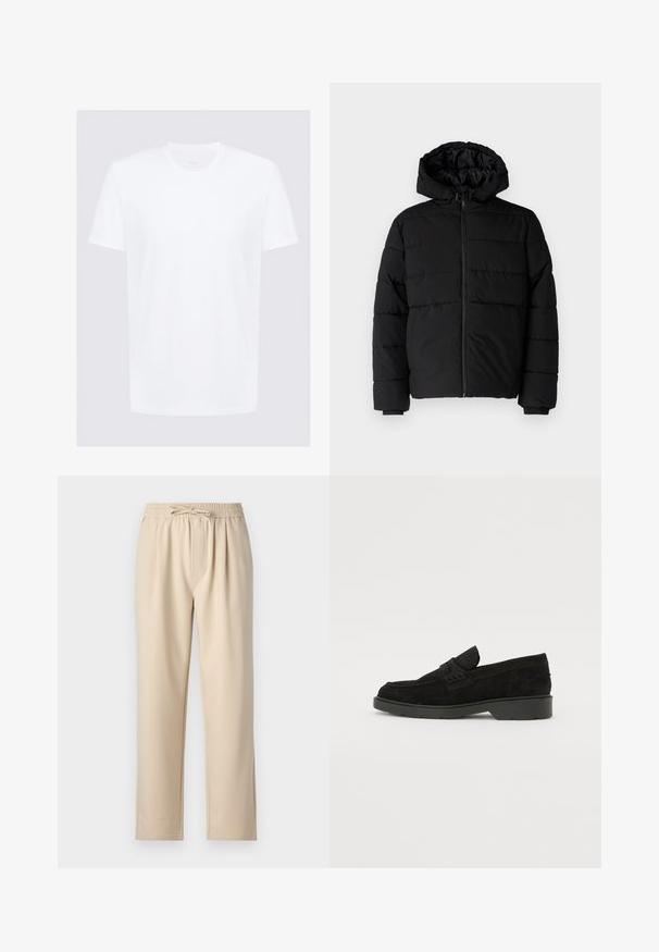 Sort pufferjakke med lynlås foran, hætte og vandret quiltet design. Lavet af et glat og holdbart stof med ribbede manchetter.; Hvid kortærmet T-shirt lavet af glat bomuld med rund hals; minimalistisk design med rene linjer og ingen synlige mønstre.; Beige bukser med elastisk talje og snøre, lige ben-design og blød, glat stofstruktur.; Sorte ruskinds loafers med en lav hæl, der har et enkelt bånd over det øverste og teksturerede detaljer langs siderne.