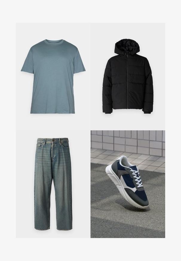 Črna puhovka z zadrgo spredaj, kapuco in vodoravno šivano obliko. Narejena je iz gladkega, trpežnega materiala z rebrastimi manšetami.; Jack & Jones JJEBRADLEY NOOS - Navadna majica - goblin blue; Svetlomoderne kavbojke z ohlapnim krojem, srednjim pasom in ravnimi nogami. Imajo pet žepov, zanke za pas in zapiranje na gumb.; Superge z zgornjim delom iz mrežaste tkanine v mornarsko modri barvi, sivi usnjeni poudarki, belo gumijasto podplato in ravnimi belimi vezalkami, zasnovane za udobje in zračnost.