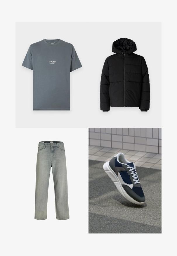 Schwarze Daunenjacke mit Reißverschluss vorne, Kapuze und horizontalem Steppmuster. Hergestellt aus einem glatten, strapazierfähigen Stoff mit gerippten Manschetten.; Graues Baumwoll-T-Shirt mit Rundhalsausschnitt. Auf der Brust befindet sich ein weißes "JJ Studios"-Logo. Kurze Ärmel und entspannte Passform.; Hellgraue, locker sitzende Jeans aus Denim. Verfügt über ein klassisches Fünf-Taschen-Design, Gürtelschlaufen und eine gerade Bein-Silhouette.; Sneaker mit einem Obermaterial aus navyblauem Mesh, grauen Wildlederelementen, einer weißen Gummisohle und flachen weißen Schnürsenkeln, entworfen für Komfort und Atmungsaktivität.