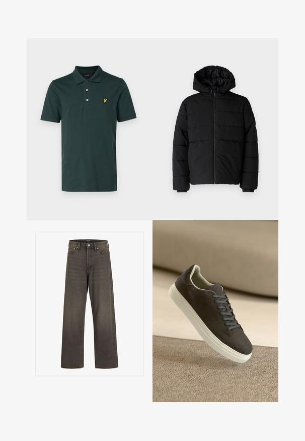 Zwarte pufferjack met een ritssluiting aan de voorkant, een capuchon en een horizontaal gestikt ontwerp. Gemaakt van een gladde, duurzame stof met ribgebreide manchetten.; Lyle & Scott Poloshirt - argyle teal; Wijde jeans in donkergrijze denim met een hoge taille, een klassieke vijf-pocketontwerp en contrasterende stiksels langs de naden.; Donkergrijze suede sneaker met bijpassende veters en witte rubberen zool, geplaatst boven een gestructureerd beige oppervlak met een zachte achtergrond.