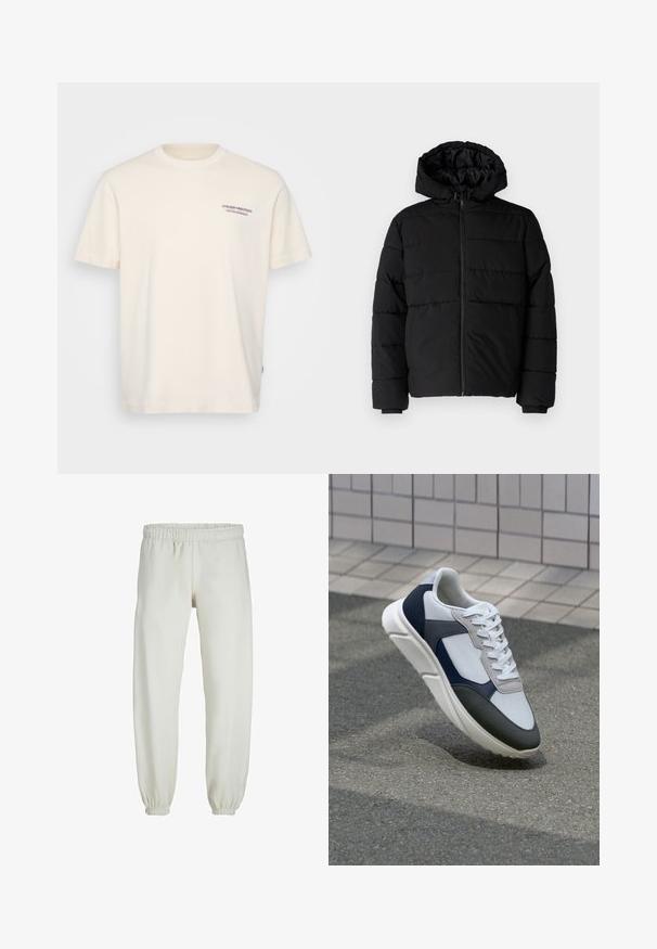 Black puffer jacket featuring a zip front, a hood, and horizontal quilted design. Made of a smooth, durable fabric with ribbed cuffs.; Cream-colored cotton t-shirt with a crew neck, short sleeves, and a small blue and red "ATELIER ORIGINALS" print on the chest.; White sweatpants made from soft fabric, featuring an elastic waistband and cuffs, with a smooth texture and loose-fitting design.; White, navy, and gray sneaker with a mixed material design, featuring a textured upper, flat laces, and a cushioned sole.