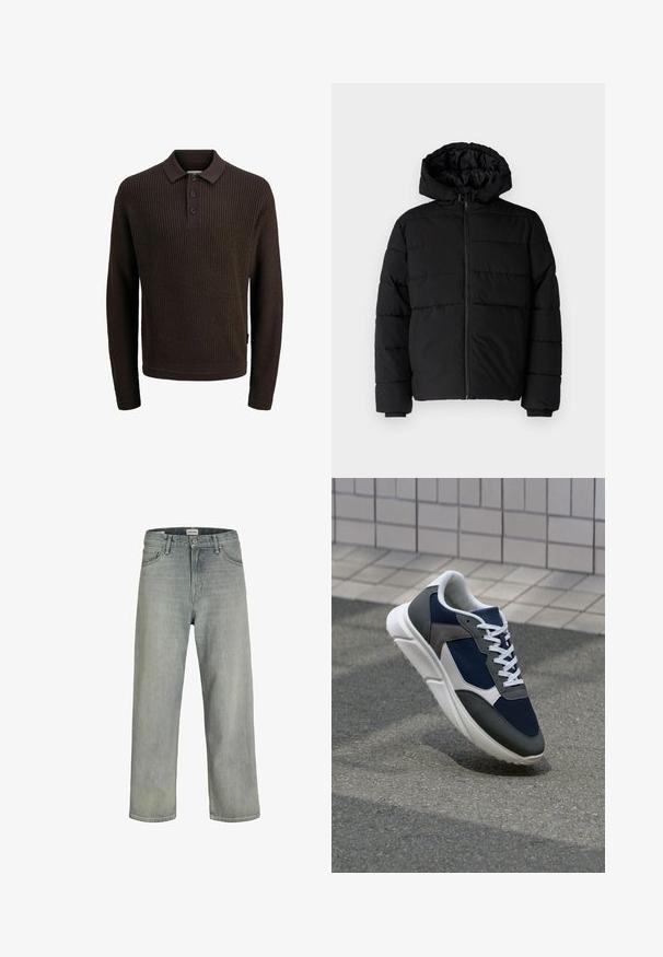 Črna puhovka z zadrgo spredaj, kapuco in vodoravno šivano obliko. Narejena je iz gladkega, trpežnega materiala z rebrastimi manšetami.; Rjav pleten pulover s dolgimi rokavi in polo ovratnikom, ki se ponaša z rebrasto teksturo, zapenjanjem na tri gumbe in klasičnim ovratnikom.; Svetlo sivi, široki traperice iz denima. Ima klasični dizajn s pet džepova, petlje za remen i ravno krojenje.; Superge z zgornjim delom iz mrežaste tkanine v mornarsko modri barvi, sivi usnjeni poudarki, belo gumijasto podplato in ravnimi belimi vezalkami, zasnovane za udobje in zračnost.