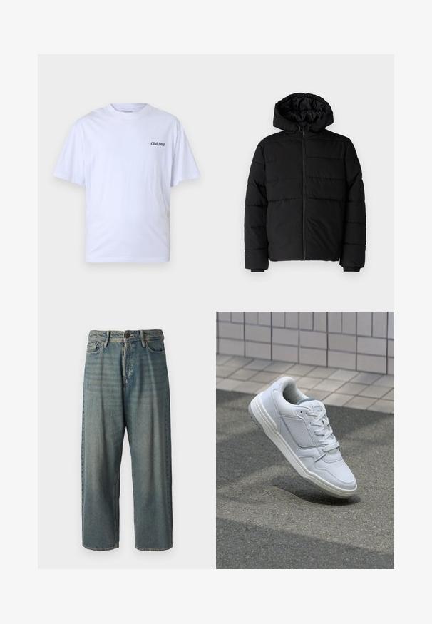 Melna pūkainā jaka ar rāvējslēdzēju priekšā, kapuci un horizontālu quiltēšanas dizainu. Izgatavota no gludas, izturīgas auduma ar ribotām piedurknēm.; Balts kokvilnas T-krekls ar īsām piedurknēm, apaļu kakla izgriezumu un melnu uzdruku "Club1990" kreisajā krūšu daļā. Ikdienas piegriezums.; Gaiši zili džinsi ar brīvu piegriezumu, vidējo jostas augstumu un taisnām kājām. Satur piecas kabatas, jostas cilpas un pogu aizdari.; Baltas ādas sporta apavi ar perforētiem sāniem, teksturētām akcentiem, plakanu šņorēšanu un kontrastējošu pelēku papēdi. Iezīmē nedaudz paaugstinātu zole.