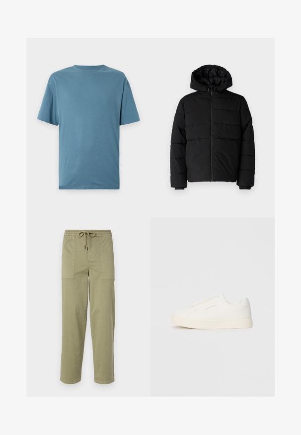 Svart puffjacka med dragkedja fram, huva och horisontellt quiltat mönster. Tillverkad av ett slätt, hållbart tyg med ribbade ärmslut.; Ljusblå kortärmad t-shirt i mjukt tyg. Har en rund halsringning och en avslappnad passform utan mönster eller utsmyckningar.; Ljus olivgröna byxor i en bomullsblandning, med elastisk midja och dragsko, samt två stora sidofickor.; Vita slip-on sneakers med en texturerad yta, en tjock sula och minimalistisk design. Har varumärkeslogotypen på sidan.