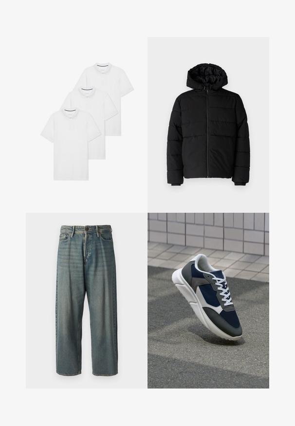 Čierna puff jacket s predným zipsom, kapucňou a horizontálnym prešívaním. Vyrobená z hladkej, odolnej tkaniny s rebrovanými manžetami.; Tričko s krátkym rukávom bielej farby s golierom, zapínaním na gombíky a malým námorníckym akcentom vo vnútri goliera.; Svetlomodré denimové nohavice so voľným strihom, stredne vysokým pásom a rovnými nohavicami. Obsahujú päť vreciek, pútka na opasok a zapínanie na gombík.; Tenisky s sieťovinou v námorníckej modrej farbe, so sivými semišovými detailmi, bielou gumovou podrážkou a plochými bielymi šnúrkami, navrhnuté pre pohodlie a priedušnosť.