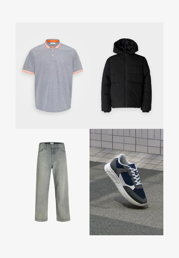 Casaco puffer preto com fecho de correr, capuz e design acolchoado horizontal. Feito de um tecido liso e durável com punhos canelados.; Polo cinza feito de algodão com acabamento texturizado, apresentando detalhes em laranja na gola e nas mangas. Placa de três botões.; Jeans soltos de cor cinza claro feitos de denim. Apresentam um design clássico de cinco bolsos, passadores para cinto e uma silhueta de perna reta.; Sapatilha com parte superior em malha azul-marinho, detalhes em camurça cinza, sola de borracha branca e atacadores brancos planos, projetada para conforto e respirabilidade.