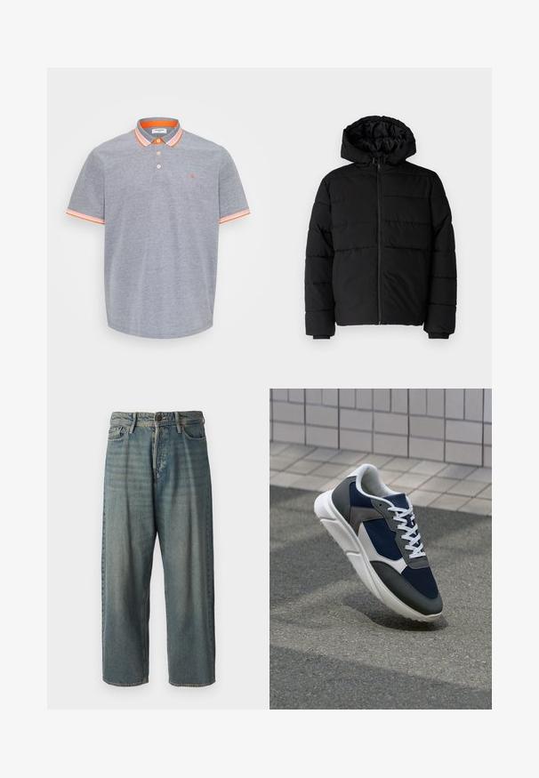 Črna puhovka z zadrgo spredaj, kapuco in vodoravno šivano obliko. Narejena je iz gladkega, trpežnega materiala z rebrastimi manšetami.; Siva polo majica iz bombaža z teksturirano površino, ki vsebuje oranžne detajle na ovratniku in rokavih. Trinajst gumbov.; Svetlomoderne kavbojke z ohlapnim krojem, srednjim pasom in ravnimi nogami. Imajo pet žepov, zanke za pas in zapiranje na gumb.; Superge z zgornjim delom iz mrežaste tkanine v mornarsko modri barvi, sivi usnjeni poudarki, belo gumijasto podplato in ravnimi belimi vezalkami, zasnovane za udobje in zračnost.