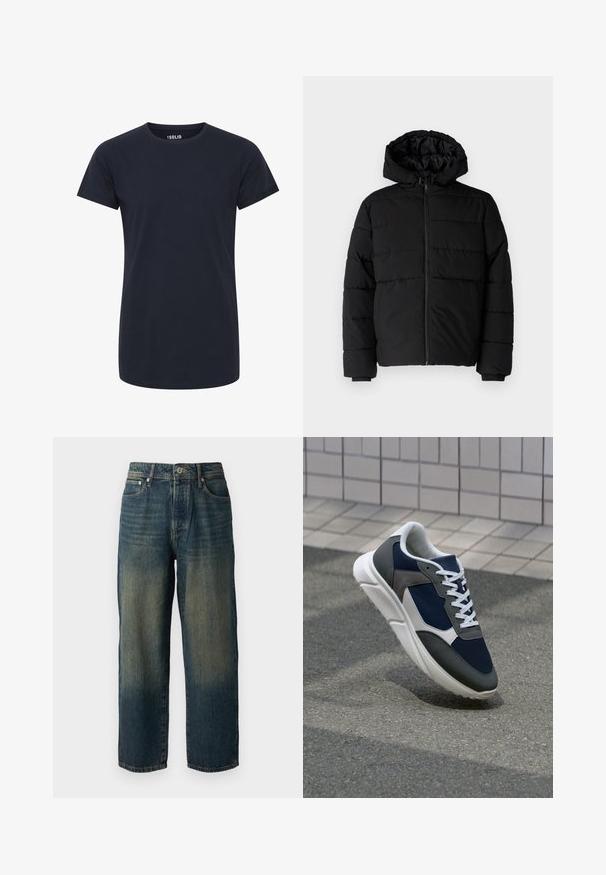 Musta puhvijakku, jossa on vetoketjukiinnitys, huppu ja vaakasuora tikkauksen rakenne. Valmistettu sileästä, kestävästä kankaasta, jossa on röpelöiset hihansuut.; Yksinkertainen tummansininen lyhythihainen t-paita, jossa on normaali kaula-aukko, kapea leikkaus ja ei näkyviä logoja tai kuvioita.; Sininen farkkuhousut suoran leikkauksen kanssa, joissa on haalistunut muotoilu, vaaleammat sävyt helman suuntaan, viisi taskua ja nappisuljenta.; Kengät, joissa on tummansininen verkkopäällinen, harmaat mokka-yksityiskohdat, valkoinen kumipohja ja litteät valkoiset nauhat, suunniteltu mukavuutta ja hengittävyyttä varten.