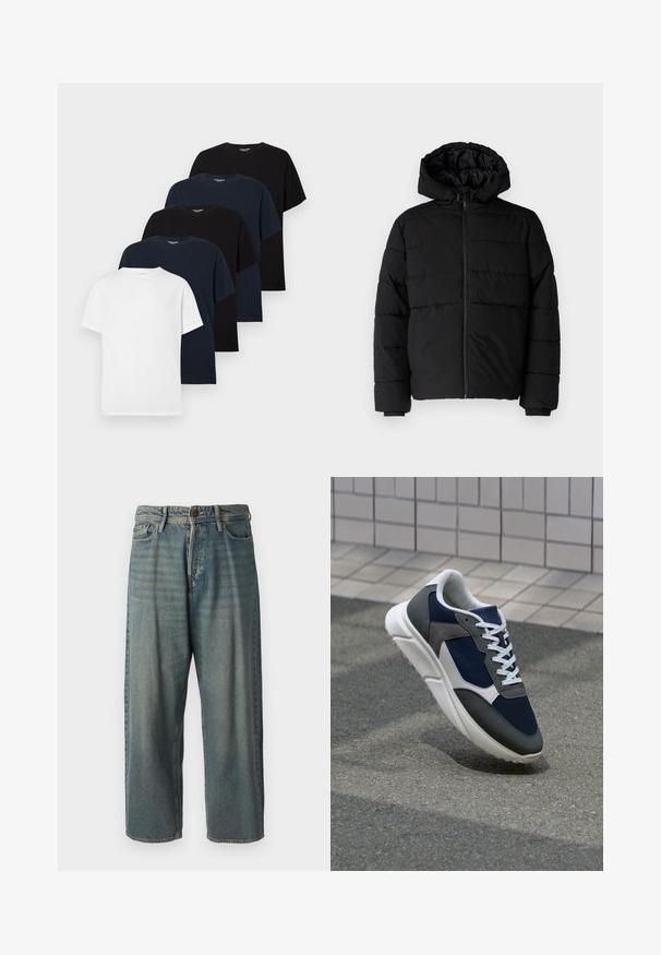 Casaco puffer preto com fecho de correr, capuz e design acolchoado horizontal. Feito de um tecido liso e durável com punhos canelados.; Cinco t-shirts simples de manga curta e decote redondo, em preto, azul-marinho e branco alternados, dispostos numa pilha escalonada sobre um fundo branco.; Jeans de ganga azul claro com um corte solto, cintura média e pernas retas. Apresenta cinco bolsos, passadores de cinto e fecho com botão.; Sapatilha com parte superior em malha azul-marinho, detalhes em camurça cinza, sola de borracha branca e atacadores brancos planos, projetada para conforto e respirabilidade.