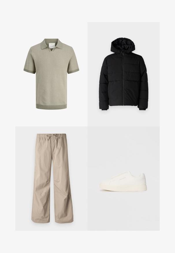 Svart boblejakke med glidelås foran, hette og horisontalt quiltet design. Laget av et glatt, slitesterkt stoff med ribbede cuffs.; Kortermet poloskjorte i lysegrønn med en teksturert strikkemønster, V-hals krage og ribbestrikkede cuffs og hem.; Beige vide bukser med elastisk talje og snøre. Glat tekstur, to sidelommer og minimale syninger for en afslappet pasform.; Hvite slip-on joggesko med teksturert overflate, tykk såle og minimalistisk design. Har merkevarelogo på siden.