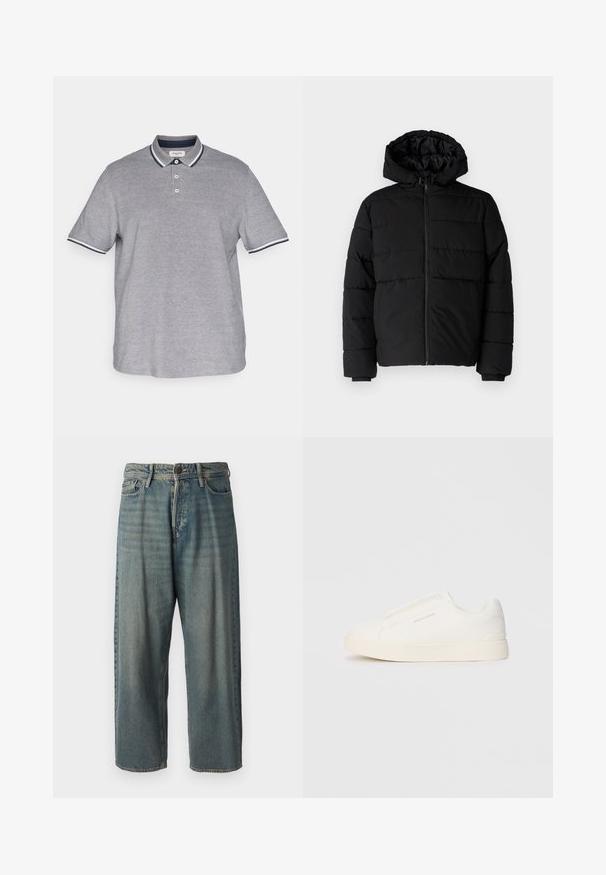 Must värvi puffernahk, millel on seljaed, kapuuts ja horisontaalne õmblusdisain. Valmistatud sujuvast, vastupidavast kangast ja ribakujuliste varrukaotste jaok.; Jack & Jones JJEPAULOS SS NOOS PLS - Polosärk - blue depths; Heledad sinine denim-stiilis teksad, volüümse lõike, keskmise kõrgusega talje ja sirgete säärega. Omab viit taskut, vöökumme ja nööpide sulgemist.; Valged libisemiskindlad tossud tekstuuriga pinnaga, paksu tallaga ja minimalistikus disainis. Küljel on brändi logo.