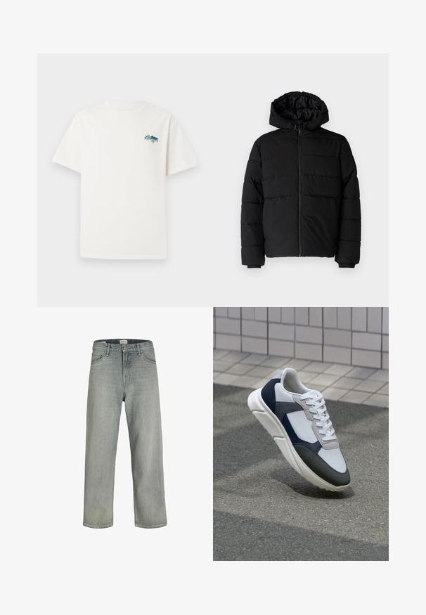 Crni puffer kaput s patentnim zatvaračem sprijeda, kapuljačom i horizontalnim šavovima. Izrađen od glatkog, izdržljivog materijala s rebrastim manžetama.; Bijela pamučna majica kratkih rukava, s šarenim grafičkim dizajnom na lijevoj strani prsnog područja koji prikazuje ribu i tekst.; Svijetlosive, široke traperice napravljene od denima. Imaju klasičan dizajn s pet džepova, petlje za remen i ravni kroj nogavica.; Bijela, mornarsko plava i siva tenisica s dizajnom od miješanih materijala, koja ima teksturirani gornji dio, ravne vezice i udoban đon.