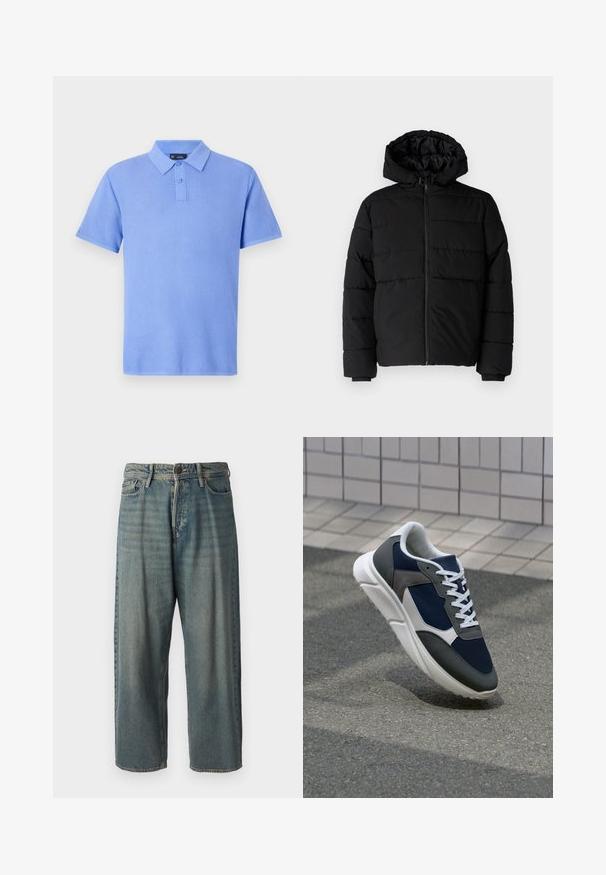 Čierna puff jacket s predným zipsom, kapucňou a horizontálnym prešívaním. Vyrobená z hladkej, odolnej tkaniny s rebrovanými manžetami.; Polo tričko v svetlomodrej farbe, krátke rukávy, textúrovaná pletenina, s trojicou gombíkov, s golierom a bez ďalších vzorov alebo akcentov.; Svetlomodré denimové nohavice so voľným strihom, stredne vysokým pásom a rovnými nohavicami. Obsahujú päť vreciek, pútka na opasok a zapínanie na gombík.; Tenisky s sieťovinou v námorníckej modrej farbe, so sivými semišovými detailmi, bielou gumovou podrážkou a plochými bielymi šnúrkami, navrhnuté pre pohodlie a priedušnosť.