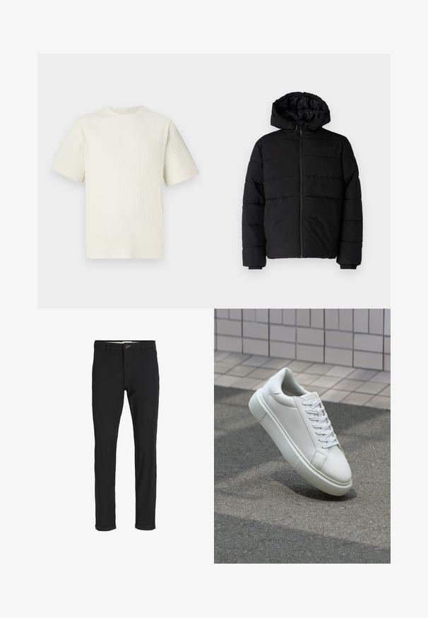 Black puffer jacket featuring a zip front, a hood, and horizontal quilted design. Made of a smooth, durable fabric with ribbed cuffs.; Light beige ribbed t-shirt featuring short sleeves and a round neckline, displayed against a plain white background.; Black cotton blend pants with a slim fit, featuring a button closure, pockets, and rolled cuffs for a casual finish.; White leather sneaker with a smooth surface, round toe, and flat white laces. Features a textured rubber sole and minimal design elements.