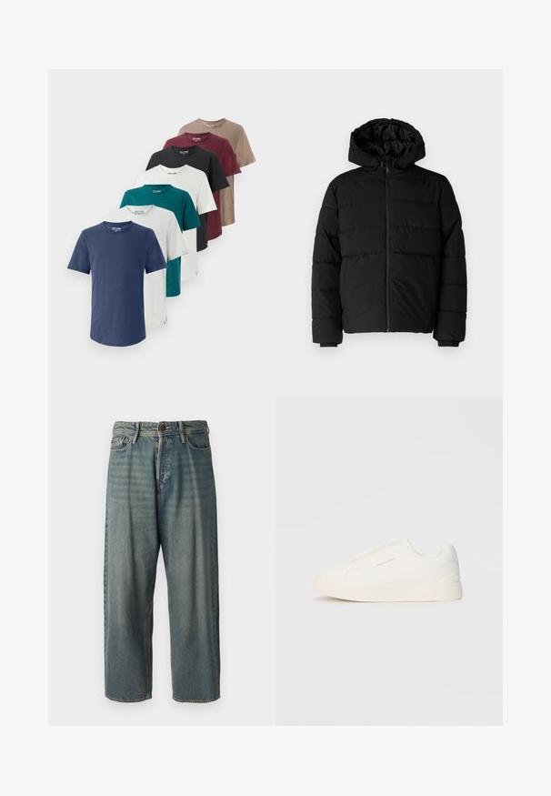 Čierna puff jacket s predným zipsom, kapucňou a horizontálnym prešívaním. Vyrobená z hladkej, odolnej tkaniny s rebrovanými manžetami.; Sedem bavlnených tričiek v rôznych farbách: námornícka modrá, teal, biela, čierna, burgundská, šedá a hnedá. Každé tričko má okrúhly výstrih a krátke rukávy.; Svetlomodré denimové nohavice so voľným strihom, stredne vysokým pásom a rovnými nohavicami. Obsahujú päť vreciek, pútka na opasok a zapínanie na gombík.; Biele slip-on tenisky s textúrovaným povrchom, hrubou podrážkou a minimalistickým dizajnom. Obsahuje logo značky na boku.