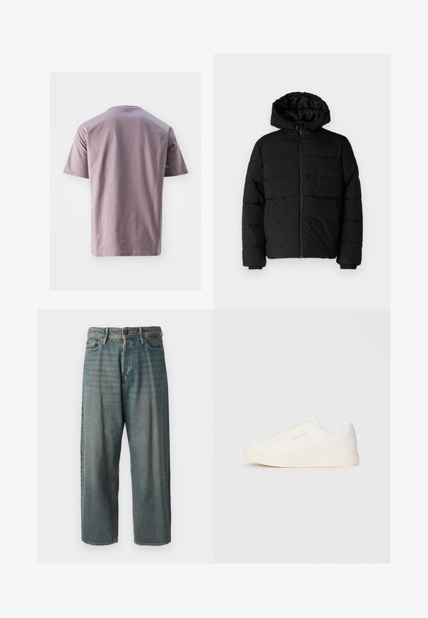 Svart boblejakke med glidelås foran, hette og horisontalt quiltet design. Laget av et glatt, slitesterkt stoff med ribbede cuffs.; Kortermet t-skjorte med rund hals i myk lavendelbomull med en glatt tekstur. Rett kant og minimalistisk design, uten synlige logoer eller mønstre.; Lyseblå denimjeans med løs passform, midjehøyde og rette ben. Har fem lommer, beltehemper og knappelukking.; Hvite slip-on joggesko med teksturert overflate, tykk såle og minimalistisk design. Har merkevarelogo på siden.