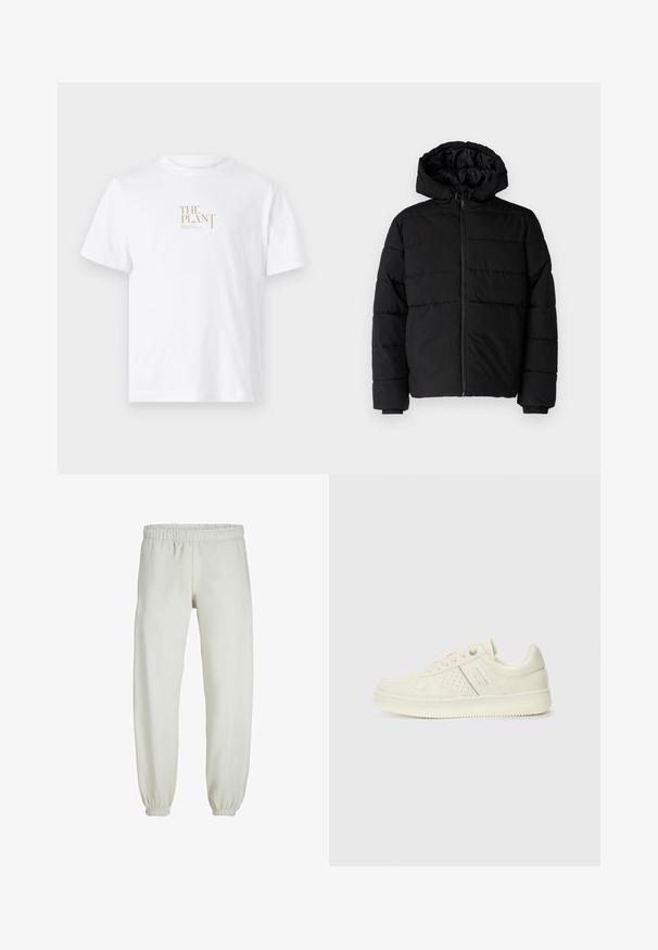 Crni puffer kaput s patentnim zatvaračem sprijeda, kapuljačom i horizontalnim šavovima. Izrađen od glatkog, izdržljivog materijala s rebrastim manžetama.; Bijela pamučna majica s zlatnim logotipom "THE PLANT" otisnutim na prednjoj strani. Kratki rukavi i klasičan dizajn okruglog izreza.; Bijele trenirke napravljene od mekanog materijala, s elastikom u struku i na manžetama, glatke teksture i labavog kroja.; Kremasto bijele tenisice s perforiranim detaljima, vezicama i logotipom s bočne strane, prikazane na jednostavnoj bijeloj pozadini.