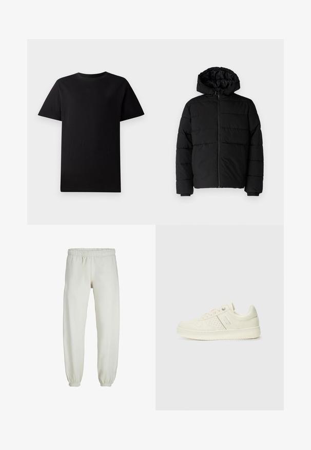 Chaqueta acolchada negra con cremallera frontal, capucha y diseño acolchado horizontal. Fabricada con un tejido suave y duradero con puños acanalados.; Camiseta de algodón negra de manga corta y cuello redondo, colocada plana sobre un fondo blanco.; Pantalones de chándal blancos hechos de una tela suave, con cinturilla y puños elásticos, que presentan una textura suave y un diseño holgado.; Zapatilla color crema con detalles perforados, cordones y logotipo en el lateral, exhibida sobre un fondo blanco liso.