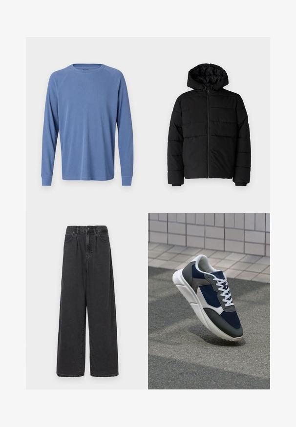 Black puffer jacket featuring a zip front, a hood, and horizontal quilted design. Made of a smooth, durable fabric with ribbed cuffs.; Long-sleeve, crew-neck shirt in light blue, featuring a textured ribbed design and raglan sleeves with fitted cuffs.; Wide-leg, high-waisted black denim pants with a front button and zipper closure, featuring side pockets and a smooth texture.; Sneaker featuring a navy blue mesh upper, gray suede accents, white rubber sole, and flat white laces, designed for comfort and breathability.