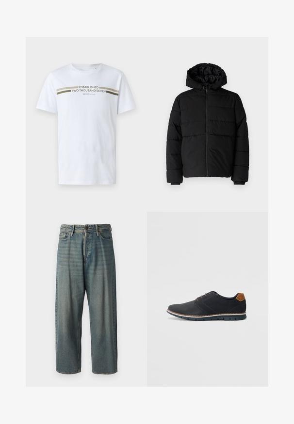 Svart boblejakke med glidelås foran, hette og horisontalt quiltet design. Laget av et glatt, slitesterkt stoff med ribbede cuffs.; Hvit bomull t-skjorte med korte ermer, som har trykt olivengrønn grafisk tekst "ETABLERT TOUSEN SYV" over brystet.; Lyseblå denimjeans med løs passform, midjehøyde og rette ben. Har fem lommer, beltehemper og knappelukking.; Sorte syntetiske sko med en teksturert overdel, glatte detaljer, brun hæl og en kontrastfarge på sålen. Har minimalt snøring og sømdetaljer.