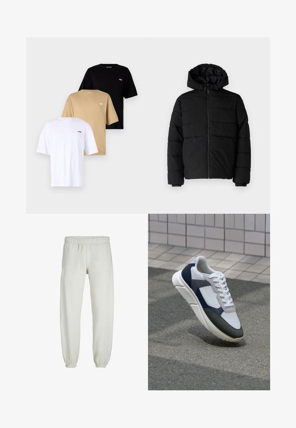 Czarna kurtka puchowa z zamkiem z przodu, kapturem i poziomym pikowaniem. Wykonana z gładkiego, trwałego materiału z prążkowanymi mankietami.; Trzy krótkie rękawy T-shirty ułożone w stos: biały, beżowy i czarny. Każdy ma okrągły dekolt i małe logo na lewej piersi. Materiał bawełniany.; Białe dresy wykonane z miękkiego materiału, z elastycznym pasem i mankietami, o gładkiej fakturze i luźnym kroju.; Białe, granatowe i szare sneakersy o mieszanej konstrukcji, z teksturowanym wierzchem, płaskimi sznurowadłami i amortyzowaną podeszwą.