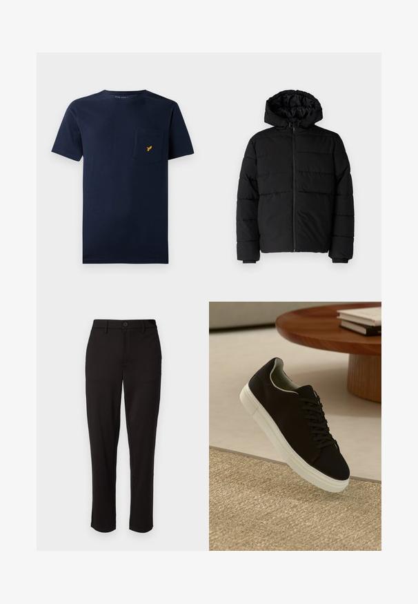 Zwarte pufferjack met een ritssluiting aan de voorkant, een capuchon en een horizontaal gestikt ontwerp. Gemaakt van een gladde, duurzame stof met ribgebreide manchetten.; Marineblauwe katoenen T-shirt met korte mouwen, een ronde halslijn en een borstzak met een klein geel vogellogo.; Zwarte broek gemaakt van lichte stof, met een rechte pijp, knoopsluiting aan de voorkant, riemlussen en zijzakken.; Zwarte sneaker met witte zool die boven een beige gestructureerd tapijt zweeft, nabij een ronde houten tafel met gestapelde boeken.