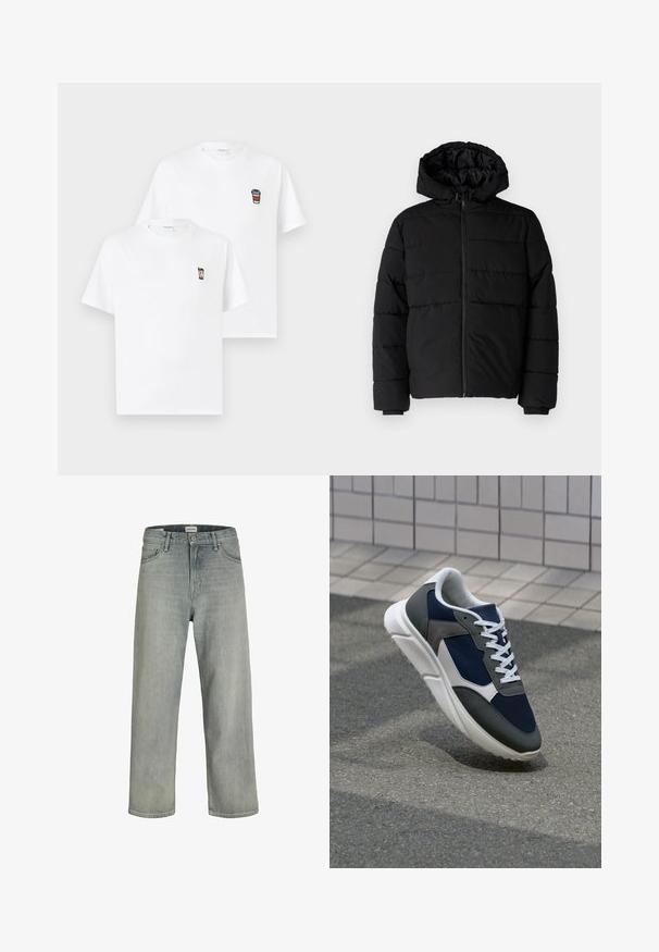 Casaco puffer preto com fecho de correr, capuz e design acolchoado horizontal. Feito de um tecido liso e durável com punhos canelados.; T-shirts brancas de algodão com mangas curtas. Um apresenta um pequeno copo de gelado bordado, o outro uma caneca de café. Design simples e clássico.; Jeans soltos de cor cinza claro feitos de denim. Apresentam um design clássico de cinco bolsos, passadores para cinto e uma silhueta de perna reta.; Sapatilha com parte superior em malha azul-marinho, detalhes em camurça cinza, sola de borracha branca e atacadores brancos planos, projetada para conforto e respirabilidade.