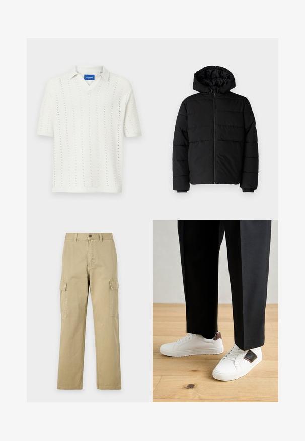 Giacca a vento nera con zip frontale, cappuccio e design a righe orizzontali. Realizzata in un tessuto liscio e resistente con polsini a coste.; Polo shirt bianco a maniche corte in maglia con scollatura a V, caratterizzato da motivi verticali e orlo a coste. Etichetta visibile al colletto.; Pantaloni cargo beige in cotone, dotati di due tasche laterali, chiusura con bottone e gamba dritta con tessuto leggermente texture.; Sneakers bianchi dalla texture liscia, con dettagli in pelle marrone e particolari neri, abbinati a pantaloni neri su misura. Sfondo in parquet.