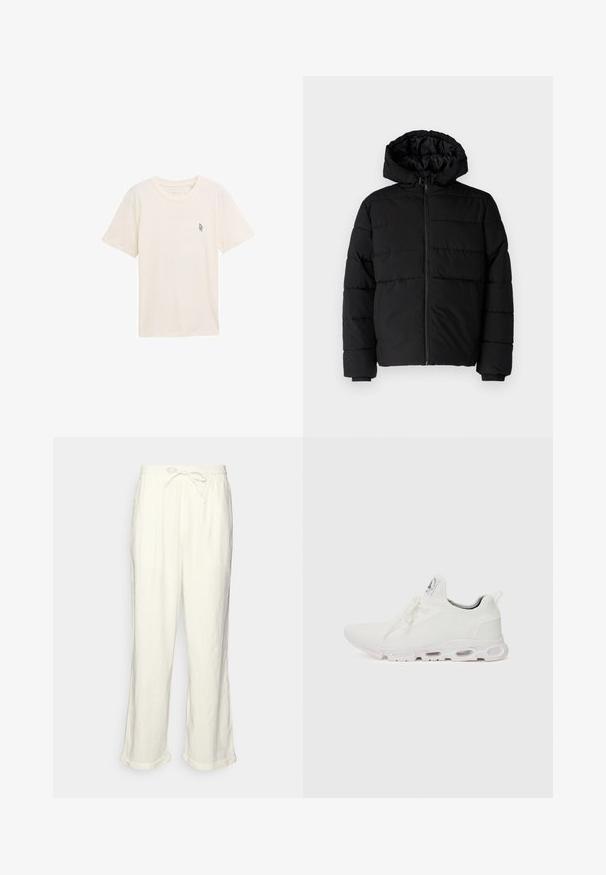 Musta puhvijakku, jossa on vetoketjukiinnitys, huppu ja vaakasuora tikkauksen rakenne. Valmistettu sileästä, kestävästä kankaasta, jossa on röpelöiset hihansuut.; Kermainen puuvillapaita lyhyillä hihoilla, pyöreä pääntie ja pieni vihreä geometrinen logo vasemmassa rinnassa. Pehmeä materiaali, yksinkertainen muotoilu.; Nudist trousers in off-white with a drawstring waistband, slightly wide legs, and rolled cuffs for a relaxed fit. No pockets.; Valkoiset urheilukengät, joissa on teksturoitu neulepinta, litteät nauhat ja pehmustettu pohja, jossa on näkyvät ilmakammiot lisätuen tarjoamiseksi.