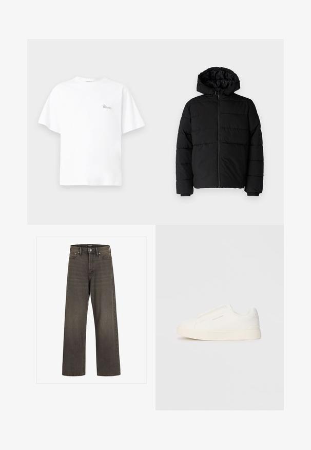 Černá péřová bunda s předním zipem, kapucí a vodorovným prošíváním. Vyrobena z hladké a odolné látky s žebrovanými manžetami.; Bílé bavlněné tričko s pohodlným střihem, kulatým výstřihem, krátkými rukávy a malým vyšitým logem "La Bellavista" na hrudi.; Džínové kalhoty s širokými nohavicemi v tmavě šedém denimu, s vysokým pasem, klasickým designem pěti kapes a kontrastním prošíváním podél švů.; Bílé slip-on tenisky s texturovaným povrchem, silnou podešví a minimalistickým designem. Na boku je umístěno logo značky.