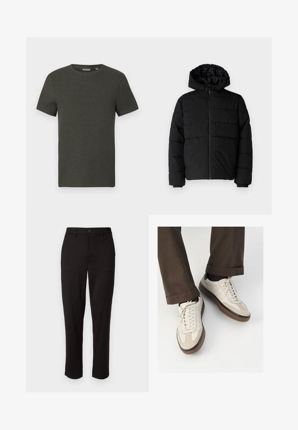 Casaco puffer preto com fecho de correr, capuz e design acolchoado horizontal. Feito de um tecido liso e durável com punhos canelados.; Camiseta de manga curta verde escura com decote redondo, feita de material canelado; apresenta um design simples e minimalista, sem padrões.; Calças pretas feitas de tecido leve, com perna reta, fecho frontal com botão, passadores de cinto e bolsos laterais.; Tênis bege com frente em camurça texturizada, lados em couro liso e sola em borracha marrom. Inclui cadarços e detalhes de costura clara.