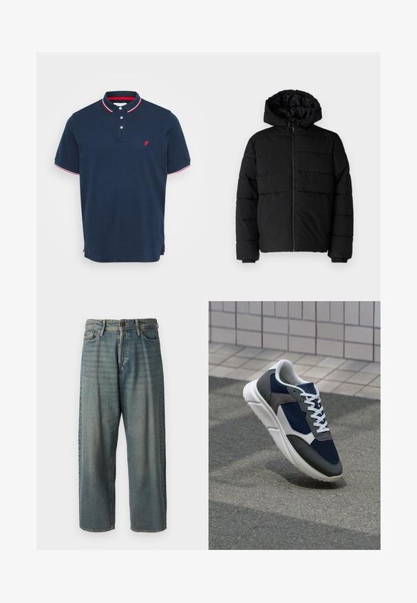 Casaco puffer preto com fecho de correr, capuz e design acolchoado horizontal. Feito de um tecido liso e durável com punhos canelados.; Pólo azul-marinho feito de algodão, com uma pala de três botões, colarinho listrado em vermelho e branco, e um pequeno logótipo vermelho no peito.; Jeans de ganga azul claro com um corte solto, cintura média e pernas retas. Apresenta cinco bolsos, passadores de cinto e fecho com botão.; Sapatilha com parte superior em malha azul-marinho, detalhes em camurça cinza, sola de borracha branca e atacadores brancos planos, projetada para conforto e respirabilidade.