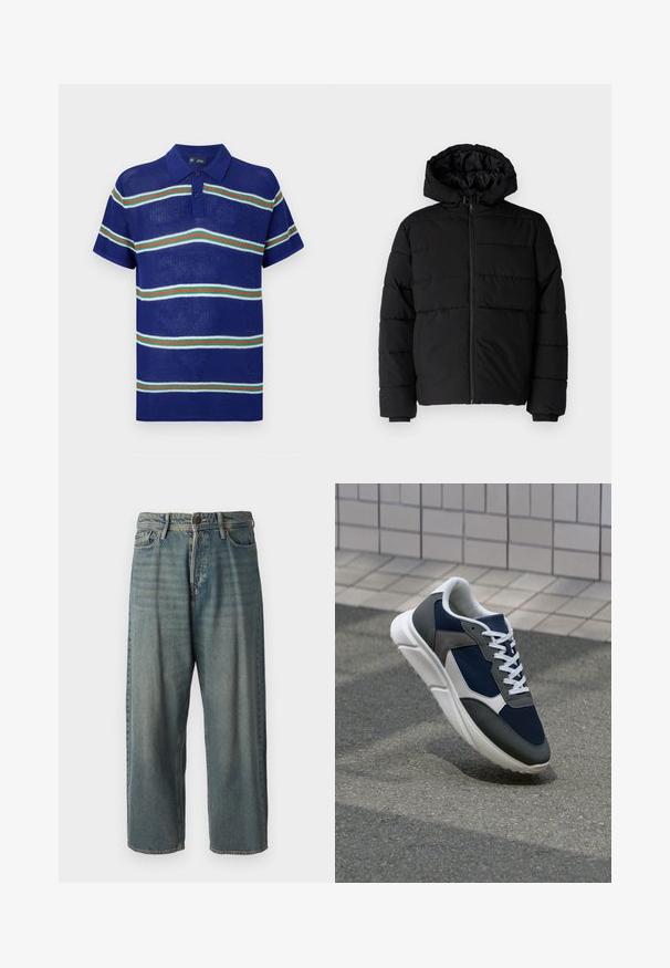 Fekete puff dzseki cipzárral elöl, kapucnival és vízszintes steppelt mintázattal. Simább, tartós anyagból készült, bordázott mandzsettákkal.; Kék kötött pólóing rövid ujjal, fehér, zöld és piros vízszintes csíkokkal, három gombos záródással.; Világoskék farmernadrág, laza fazonnal, közepes derékbőséggel és egyenes szárral. Öt zsebet, övbucskát és gombos záródást tartalmaz.; Cipő, amelynek sötétkék hálós felsőrésze, szürke velúr díszítései, fehér gumitalpa és lapos fehér fűzője van, a kényelem és a légáteresztő képesség érdekében tervezve.