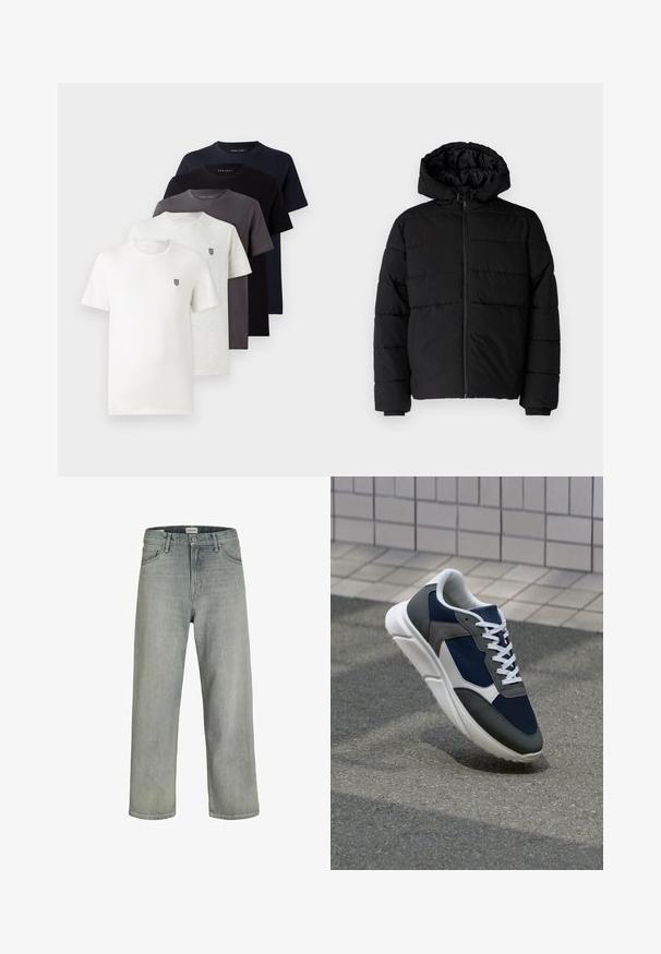 Casaco puffer preto com fecho de correr, capuz e design acolchoado horizontal. Feito de um tecido liso e durável com punhos canelados.; Cinco t-shirts de algodão de manga curta nas cores branca, cinza claro, cinza escuro, azul marinho e preta, com um pequeno logotipo no peito.; Jeans soltos de cor cinza claro feitos de denim. Apresentam um design clássico de cinco bolsos, passadores para cinto e uma silhueta de perna reta.; Sapatilha com parte superior em malha azul-marinho, detalhes em camurça cinza, sola de borracha branca e atacadores brancos planos, projetada para conforto e respirabilidade.