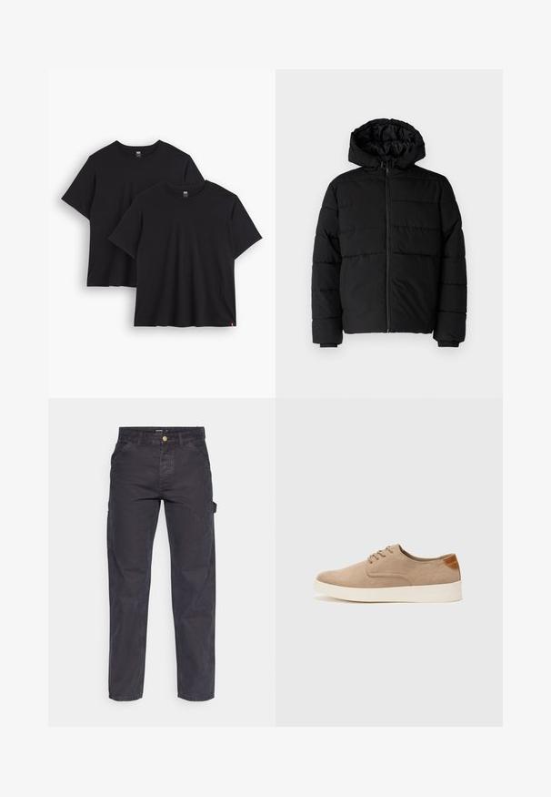 Sort pufferjakke med lynlås foran, hætte og vandret quiltet design. Lavet af et glat og holdbart stof med ribbede manchetter.; To sorte bomulds t-shirts med korte ærmer, rund halsudskæring og en afslappet pasform. Hver har et lille vævet mærke ved kanten.; Mørkegrå cargo-bukser lavet af slidstærkt stof, med lige ben, fem lommer og en knaplukning i taljen.; Beige ruskinds sneakers med rund tå, snørebånd foran og en struktureret rygdetalje. Hvid gummisål giver kontrast. Enkel og moderne design.