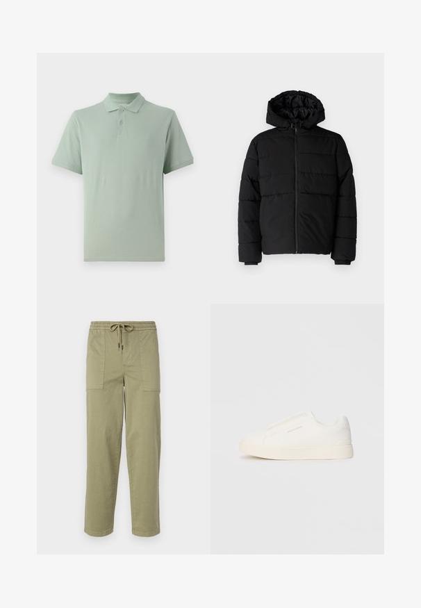 Black puffer jacket featuring a zip front, a hood, and horizontal quilted design. Made of a smooth, durable fabric with ribbed cuffs.; Light green polo shirt made of cotton, featuring a classic collar, two-button placket, and short sleeves with a subtle logo detail.; Light olive green pants made of cotton blend fabric, featuring an elastic waistband with drawstring, and two large side pockets.; White slip-on sneakers with a textured surface, a thick sole, and minimalistic design. Features brand logo on the side.