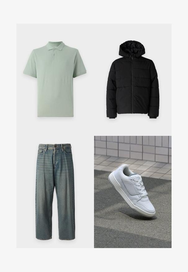 Melna pūkainā jaka ar rāvējslēdzēju priekšā, kapuci un horizontālu quiltēšanas dizainu. Izgatavota no gludas, izturīgas auduma ar ribotām piedurknēm.; Gai zāles krāsas polo krekls, izgatavots no kokvilnas, ar klasisku apkakli, divu pogu aizdari un īsām piedurknēm ar smalku logo detaļu.; Gaiši zili džinsi ar brīvu piegriezumu, vidējo jostas augstumu un taisnām kājām. Satur piecas kabatas, jostas cilpas un pogu aizdari.; Baltas ādas sporta apavi ar perforētiem sāniem, teksturētām akcentiem, plakanu šņorēšanu un kontrastējošu pelēku papēdi. Iezīmē nedaudz paaugstinātu zole.