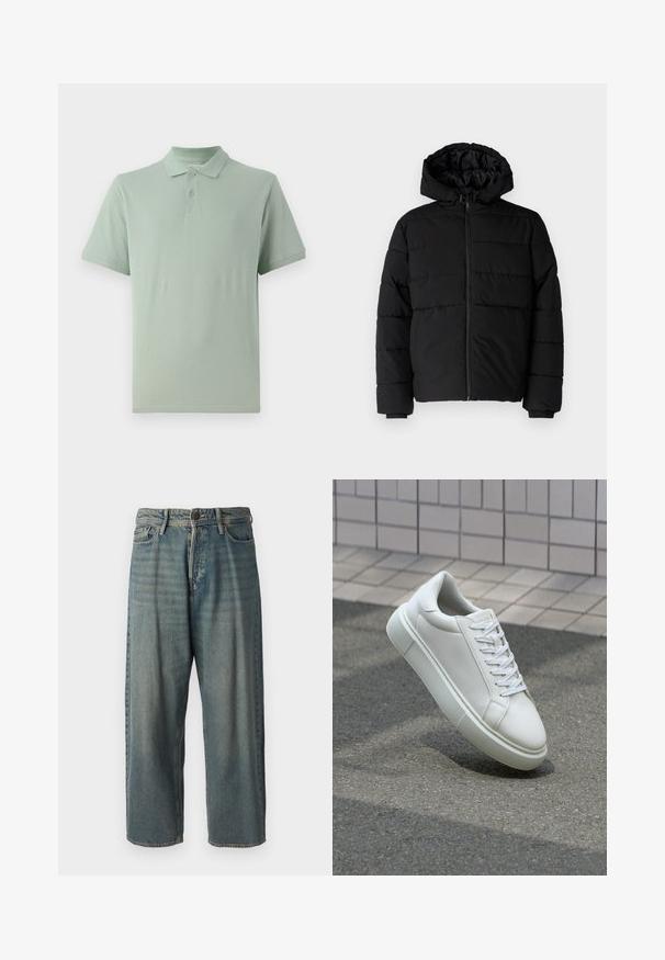 Schwarze Daunenjacke mit Reißverschluss vorne, Kapuze und horizontalem Steppmuster. Hergestellt aus einem glatten, strapazierfähigen Stoff mit gerippten Manschetten.; Hellgrünes Polohemd aus Baumwolle, mit klassischem Kragen, einer Zwei-Knopf-Leiste und kurzen Ärmeln, die ein dezentes Logo-Detail aufweisen.; Helle blaue Denim-Jeans mit lockerer Passform, mittelhoher Taille und geraden Beinen. Hat fünf Taschen, Gürtelschlaufen und einen Knopfverschluss.; Weiße Leder-Sneaker mit glatter Oberfläche, runder Zehenpartie und flachen weißen Schnürsenkeln. Verfügt über eine strukturierte Gummisohle und minimalistische Designelemente.