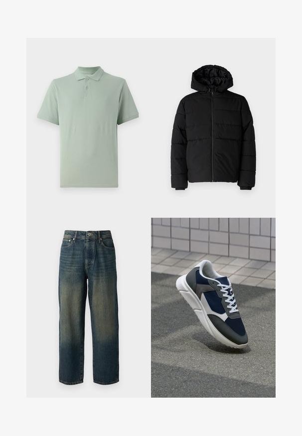 Black puffer jacket featuring a zip front, a hood, and horizontal quilted design. Made of a smooth, durable fabric with ribbed cuffs.; Light green polo shirt made of cotton, featuring a classic collar, two-button placket, and short sleeves with a subtle logo detail.; Blue denim jeans with a straight cut, featuring a faded design with lighter shades towards the hem, five pockets, and a button closure.; Sneaker featuring a navy blue mesh upper, gray suede accents, white rubber sole, and flat white laces, designed for comfort and breathability.