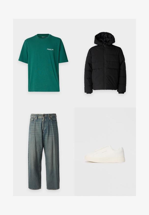 Jachetă puffer neagră cu fermoar în față, glugă și un design matlasat orizontal. Fabricată dintr-un material neted și rezistent, cu manșete ribbate.; Abercrombie & Fitch Premium Polished Micro-Logo Tee - Tricou basic - rainforest; Jeans din denim bleu deschis, cu o croială lejeră, talie medie și picioare drepte. Au cinci buzunare, bucle pentru curea și închidere cu nasture.; Tenisi albi slip-on cu o suprafață texturată, talpă groasă și un design minimalist. Prezintă logo-ul brandului pe lateral.