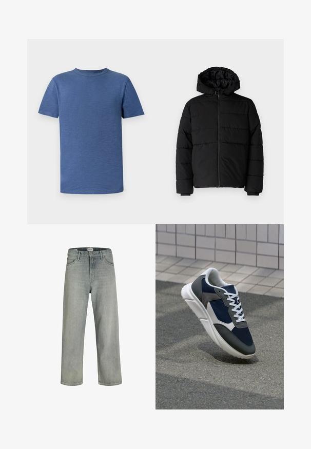 Must värvi puffernahk, millel on seljaed, kapuuts ja horisontaalne õmblusdisain. Valmistatud sujuvast, vastupidavast kangast ja ribakujuliste varrukaotste jaok.; Sinine lühikeste varrukatega T-särk, mis on valmistatud tekstureeritud kangast. Omab klassikalist ümmargust kaelust ja vabalt langevat lõiget, ilma nähtavate mustrite või aktsentideta.; Heledad hallhallid, laia lõikega denimist teksased. Omavad klassikalist viie tasku disaini, vööloopse ja sirget säärelõiget.; Sneaker, mille sinine võrkkangas, hallid nubukdetailid, valge kummitald ja lamedad valged paelad, disainitud mugavuseks ja hingavuseks.