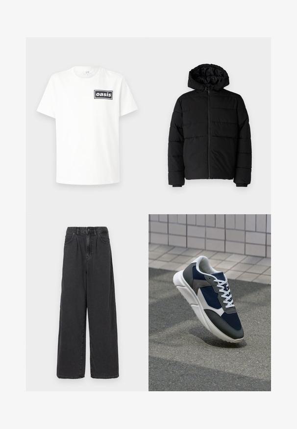 Black puffer jacket featuring a zip front, a hood, and horizontal quilted design. Made of a smooth, durable fabric with ribbed cuffs.; White cotton t-shirt featuring a black rectangular logo with the word "oasis" centered. Short sleeves and a classic crewneck design.; Wide-leg, high-waisted black denim pants with a front button and zipper closure, featuring side pockets and a smooth texture.; Sneaker featuring a navy blue mesh upper, gray suede accents, white rubber sole, and flat white laces, designed for comfort and breathability.