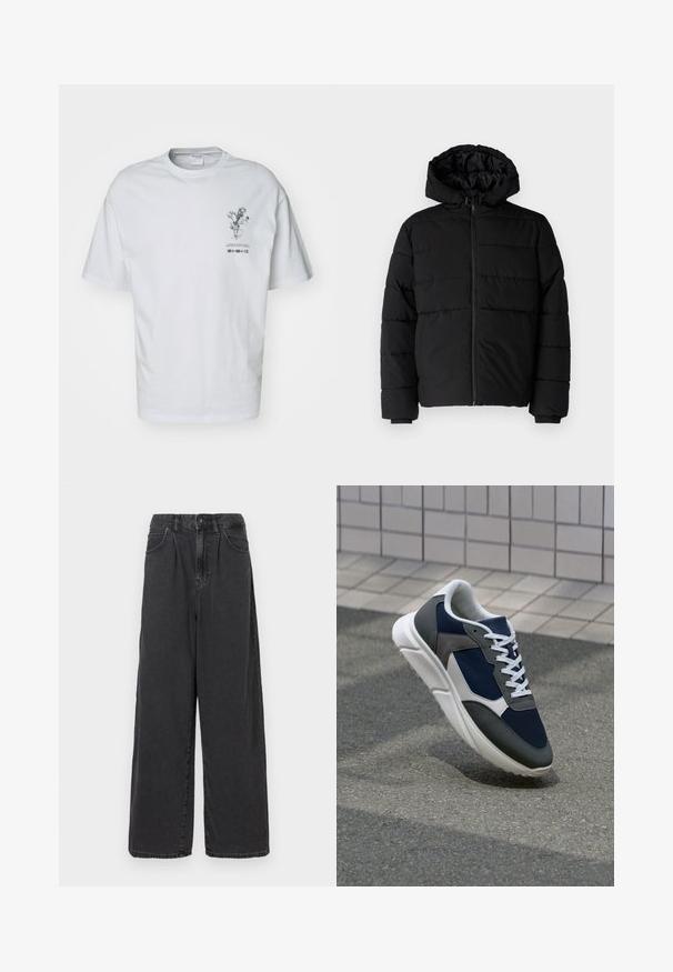 Svart boblejakke med glidelås foran, hette og horisontalt quiltet design. Laget av et glatt, slitesterkt stoff med ribbede cuffs.; Hvit bomull T-skjorte med korte ermer, med et frontgrafikk av et blomstermotiv, og tekstdetaljer under illustrasjonen.; Bredde ben, høy midje svarte dongeri bukser med knapp og glidelås foran, med sidelommer og en glatt tekstur.; Sneakers med en navy blå mesh-overdel, grå sømværk, hvit gummisåle og flate hvite snører, designet for komfort og pusteevne.