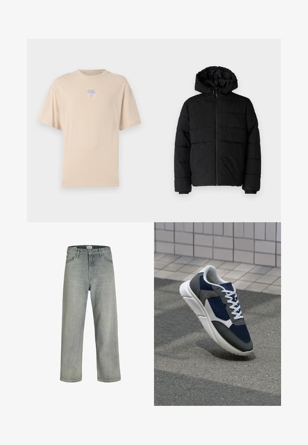 Μαύρο μπουφάν με φερμουάρ μπροστά, κουκούλα και οριζόντιο ραμμένο σχέδιο. Κατασκευασμένο από ομαλό, ανθεκτικό ύφασμα με ριγέ μανσέτες.; Μπεζ βαμβακερό t-shirt με κοντά μανίκια, στρογγυλή λαιμόκοψη και ένα μικρό πολύχρωμο λογότυπο στο στήθος. Λεπτή υφή και άνετη εφαρμογή.; Ανοιχτό γκρι, χαλαρά εφαρμοστά τζιν φτιαγμένα από denim. Διαθέτουν κλασικό σχέδιο πέντε τσεπών, θηλιές ζώνης και ίσια γραμμή.; Αθλητικά παπούτσια με επάνω μέρος από ναυτικό μπλε διχτυωτό ύφασμα, γκρι σουέτ λεπτομέρειες, λευκή καουτσούκ σόλα και επίπεδα λευκά κορδόνια, σχεδιασμένα για άνεση και αερισμό.