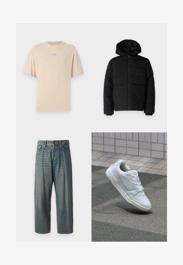 Juodas pūkinis švarkas su užtrauktuku priekyje, gaubtu ir horizontaliai siuvinėtu dizainu. Pagamintas iš lygaus, tvirto audinio su raukiniais ant rankovių.; Bežinė medvilninė T-marškinė su trumpomis rankovėmis, apvalia iškirpte ir mažas daugiaspalvis logotipas ant krūtinės. Lygus audinys ir atsipalaidavęs siluetas.; Šviesiai mėlyni džinsai su laisvu siluetu, vidutinio aukščio juosmeniu ir tiesiomis kojomis. Su penkiais kišenėmis, diržo kilpo ir mygtukų uždarymu.; Baltos odinės sportinės bateliai su perforuotais šonais, tekstūruotais akcentais, plokščiomis raištelėmis ir kontrastingu pilku kulnu. Yra šiek tiek pakelti padas.